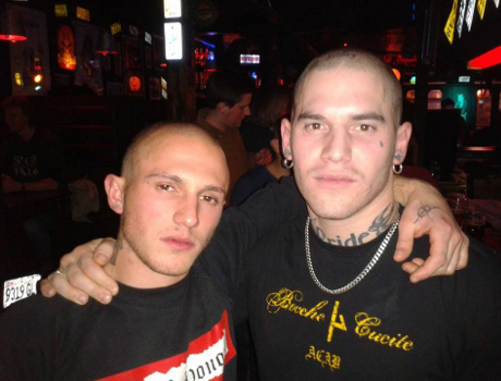 Rizzo and David out drinking in London, Rizzo is wearing a Blood & Honour t-shirt, David is wearing a t-shirt with a fascio rune made by a fascist label.