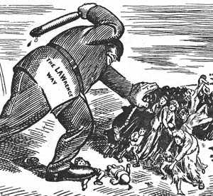 Contemporary cartoon depicting the bosses' brutality in Lawrence 